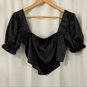 Prettylittlething black satin curved hem square neck puff sleeve crop top
